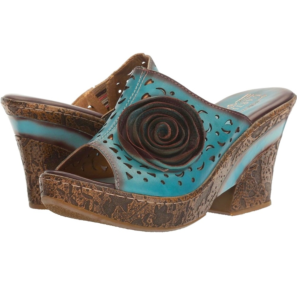 Blue and Brown Wedge Sandals with Cork Heel